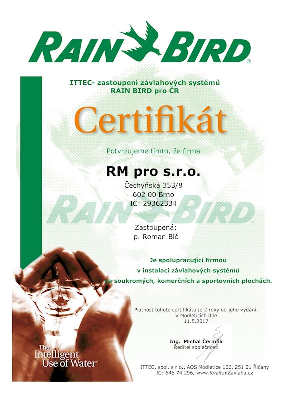 Certifikát - Rain Bird
